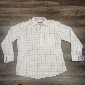 Bugatchi Uomo Plaid‎ Dress Shirt Long Sleeve Button Down White XL